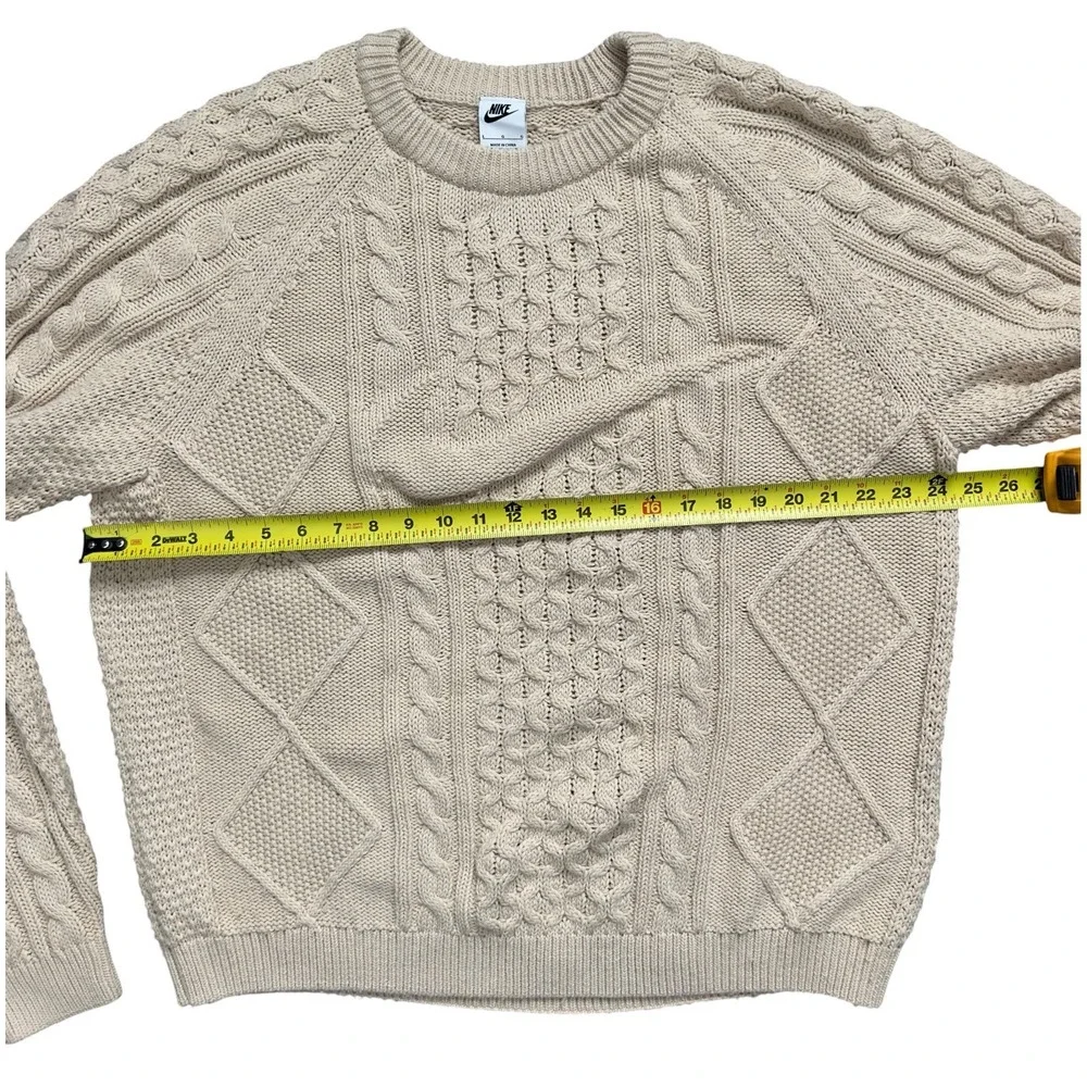 Nike Cable Knit Swoosh Sweater Men's L Beige Rattan Large Logo Polyester & Wool